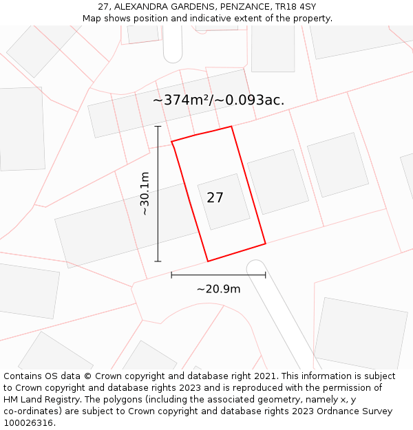27, ALEXANDRA GARDENS, PENZANCE, TR18 4SY: Plot and title map