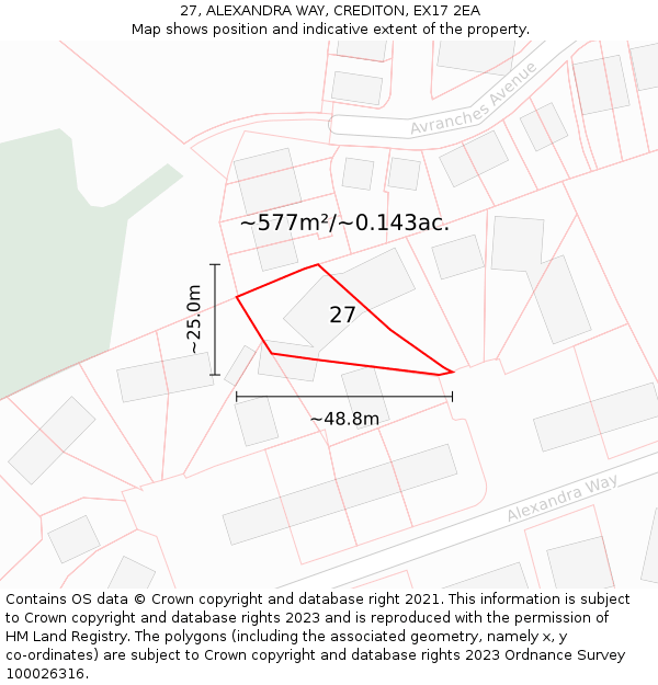27, ALEXANDRA WAY, CREDITON, EX17 2EA: Plot and title map