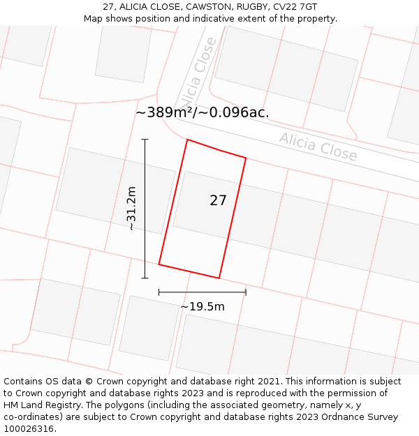 27, ALICIA CLOSE, CAWSTON, RUGBY, CV22 7GT: Plot and title map