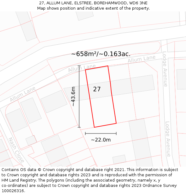 27, ALLUM LANE, ELSTREE, BOREHAMWOOD, WD6 3NE: Plot and title map