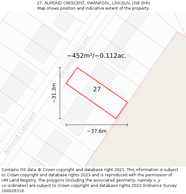 27, ALMOND CRESCENT, SWANPOOL, LINCOLN, LN6 0HN: Plot and title map