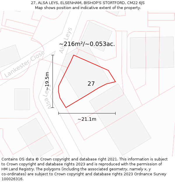 27, ALSA LEYS, ELSENHAM, BISHOP'S STORTFORD, CM22 6JS: Plot and title map