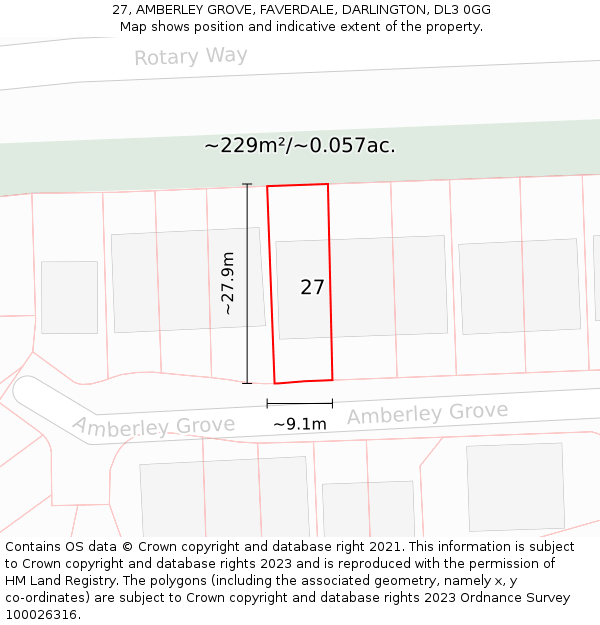 27, AMBERLEY GROVE, FAVERDALE, DARLINGTON, DL3 0GG: Plot and title map