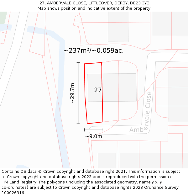 27, AMBERVALE CLOSE, LITTLEOVER, DERBY, DE23 3YB: Plot and title map