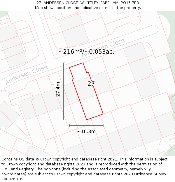 27, ANDERSEN CLOSE, WHITELEY, FAREHAM, PO15 7ER: Plot and title map