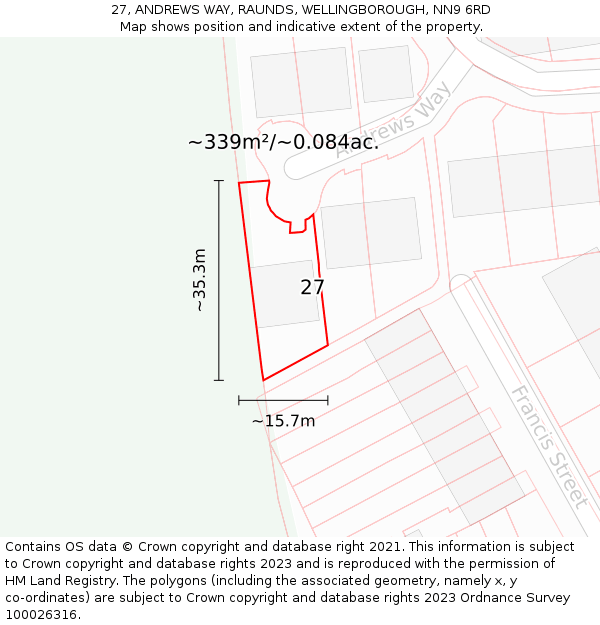 27, ANDREWS WAY, RAUNDS, WELLINGBOROUGH, NN9 6RD: Plot and title map