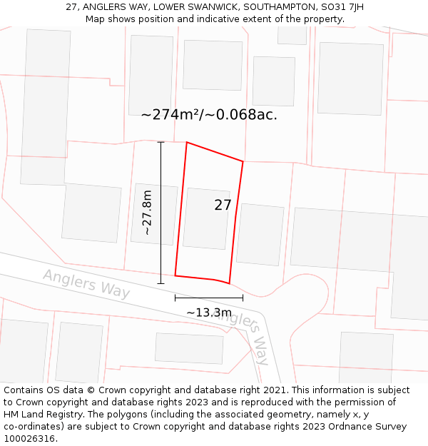 27, ANGLERS WAY, LOWER SWANWICK, SOUTHAMPTON, SO31 7JH: Plot and title map