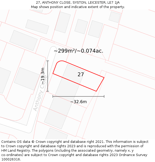 27, ANTHONY CLOSE, SYSTON, LEICESTER, LE7 1JA: Plot and title map