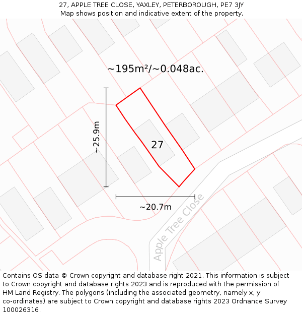 27, APPLE TREE CLOSE, YAXLEY, PETERBOROUGH, PE7 3JY: Plot and title map