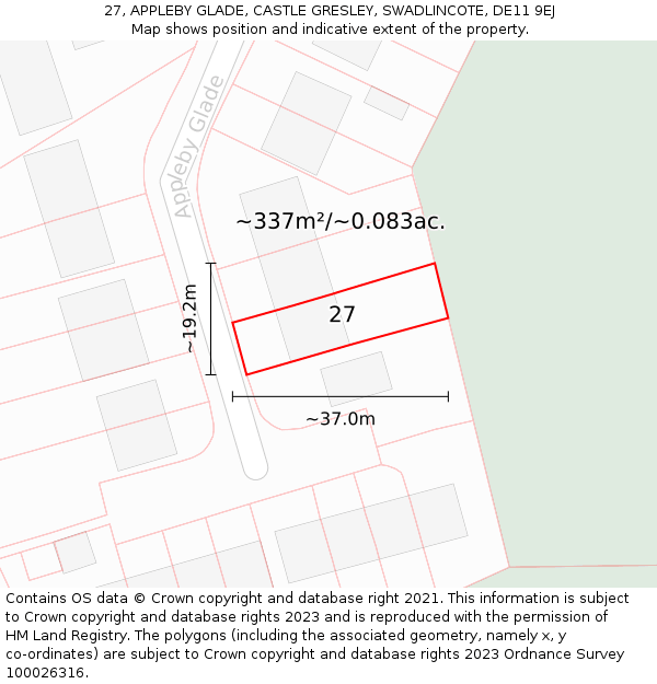 27, APPLEBY GLADE, CASTLE GRESLEY, SWADLINCOTE, DE11 9EJ: Plot and title map