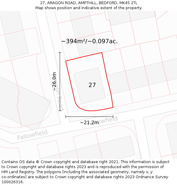 27, ARAGON ROAD, AMPTHILL, BEDFORD, MK45 2TL: Plot and title map