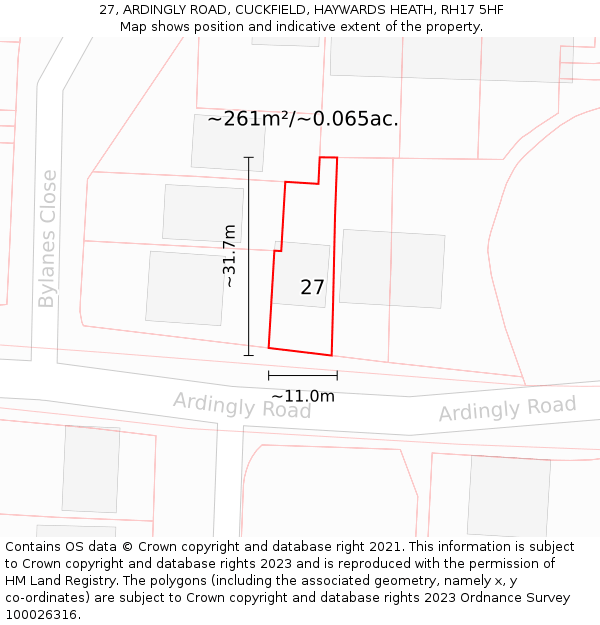 27, ARDINGLY ROAD, CUCKFIELD, HAYWARDS HEATH, RH17 5HF: Plot and title map