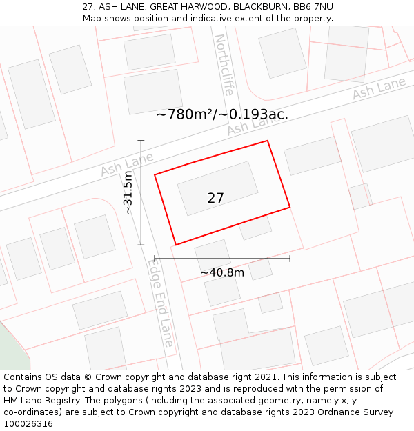 27, ASH LANE, GREAT HARWOOD, BLACKBURN, BB6 7NU: Plot and title map