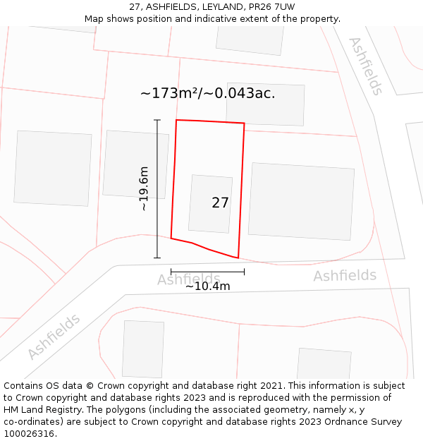 27, ASHFIELDS, LEYLAND, PR26 7UW: Plot and title map