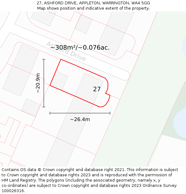 27, ASHFORD DRIVE, APPLETON, WARRINGTON, WA4 5GG: Plot and title map