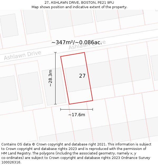27, ASHLAWN DRIVE, BOSTON, PE21 9PU: Plot and title map