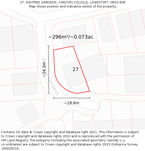 27, ASHTREE GARDENS, CARLTON COLVILLE, LOWESTOFT, NR33 8SR: Plot and title map