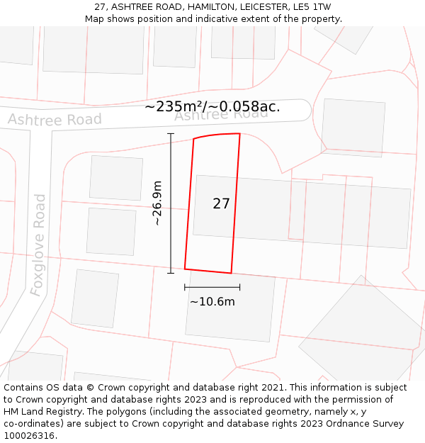 27, ASHTREE ROAD, HAMILTON, LEICESTER, LE5 1TW: Plot and title map