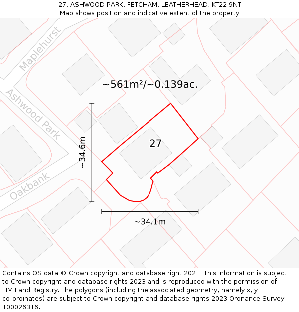27, ASHWOOD PARK, FETCHAM, LEATHERHEAD, KT22 9NT: Plot and title map