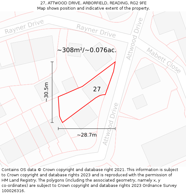 27, ATTWOOD DRIVE, ARBORFIELD, READING, RG2 9FE: Plot and title map