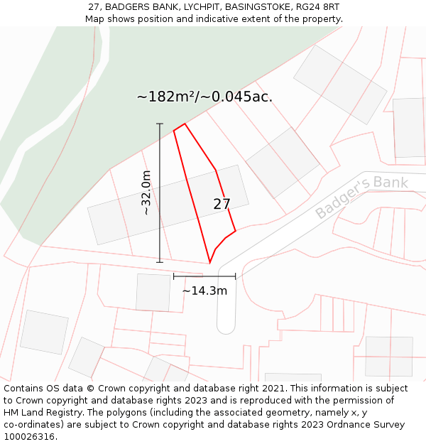 27, BADGERS BANK, LYCHPIT, BASINGSTOKE, RG24 8RT: Plot and title map