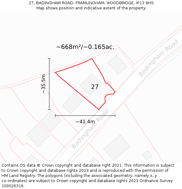 27, BADINGHAM ROAD, FRAMLINGHAM, WOODBRIDGE, IP13 9HS: Plot and title map