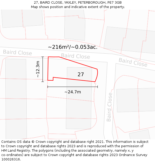 27, BAIRD CLOSE, YAXLEY, PETERBOROUGH, PE7 3GB: Plot and title map