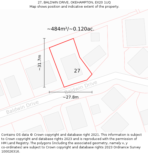 27, BALDWIN DRIVE, OKEHAMPTON, EX20 1UQ: Plot and title map