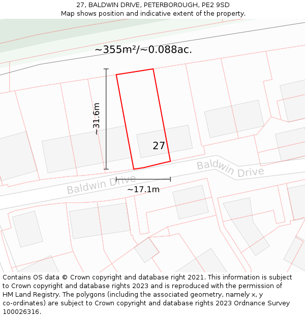 27, BALDWIN DRIVE, PETERBOROUGH, PE2 9SD: Plot and title map