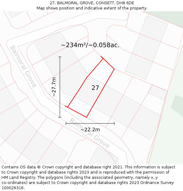 27, BALMORAL GROVE, CONSETT, DH8 6DE: Plot and title map