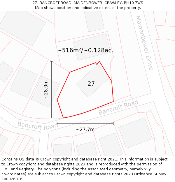 27, BANCROFT ROAD, MAIDENBOWER, CRAWLEY, RH10 7WS: Plot and title map