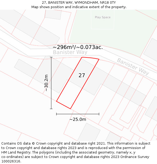 27, BANISTER WAY, WYMONDHAM, NR18 0TY: Plot and title map