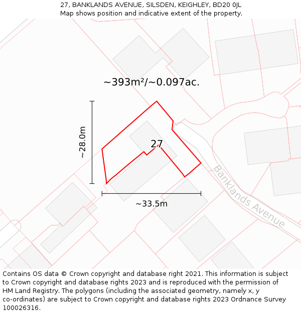 27, BANKLANDS AVENUE, SILSDEN, KEIGHLEY, BD20 0JL: Plot and title map