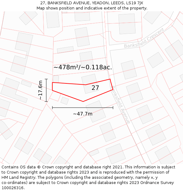 27, BANKSFIELD AVENUE, YEADON, LEEDS, LS19 7JX: Plot and title map