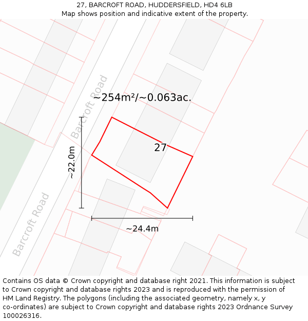 27, BARCROFT ROAD, HUDDERSFIELD, HD4 6LB: Plot and title map
