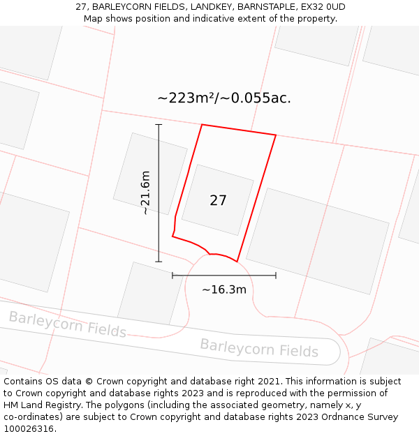 27, BARLEYCORN FIELDS, LANDKEY, BARNSTAPLE, EX32 0UD: Plot and title map
