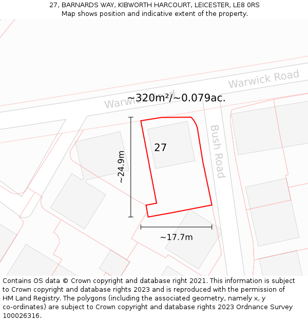 27, BARNARDS WAY, KIBWORTH HARCOURT, LEICESTER, LE8 0RS: Plot and title map