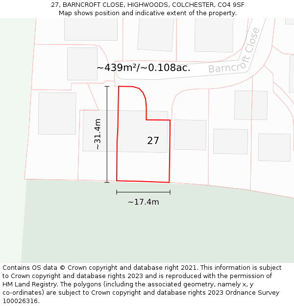 27, BARNCROFT CLOSE, HIGHWOODS, COLCHESTER, CO4 9SF: Plot and title map