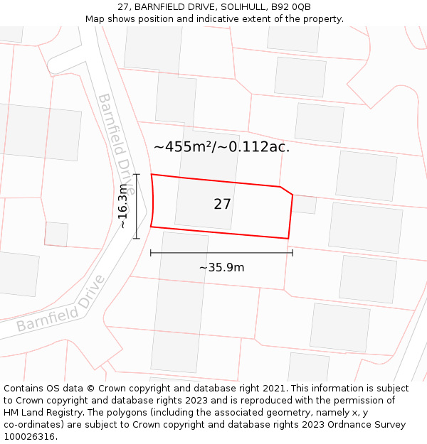 27, BARNFIELD DRIVE, SOLIHULL, B92 0QB: Plot and title map