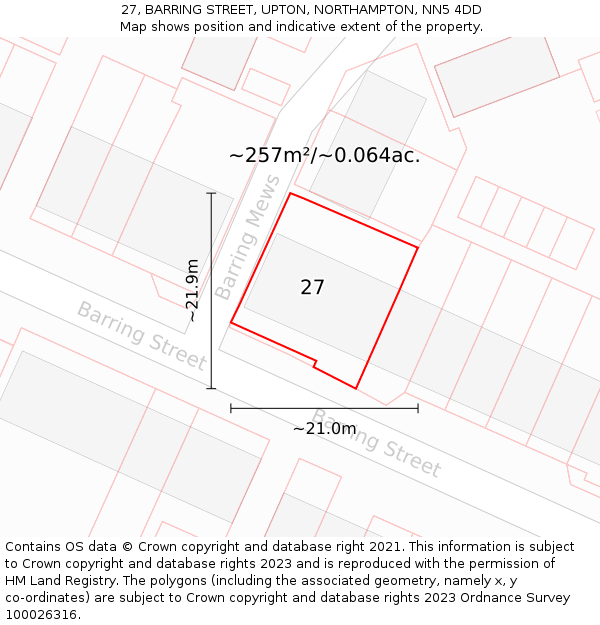 27, BARRING STREET, UPTON, NORTHAMPTON, NN5 4DD: Plot and title map