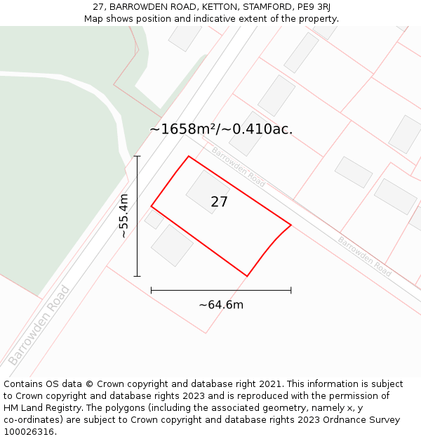 27, BARROWDEN ROAD, KETTON, STAMFORD, PE9 3RJ: Plot and title map
