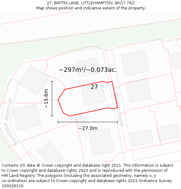 27, BATTIN LANE, LITTLEHAMPTON, BN17 7AZ: Plot and title map