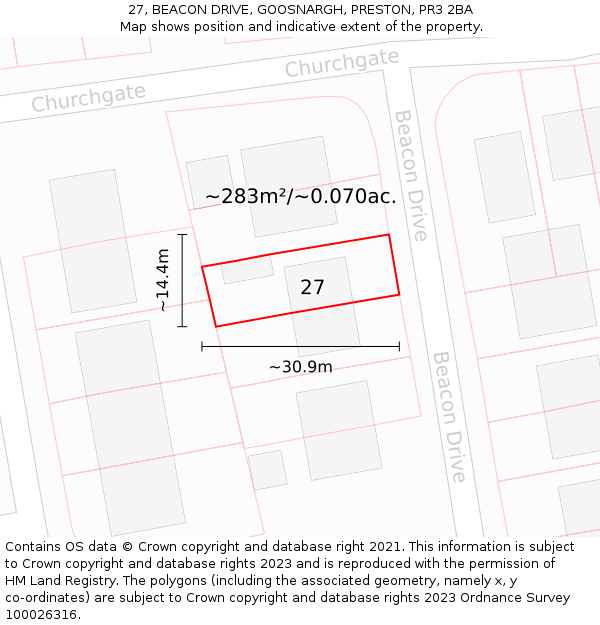 27, BEACON DRIVE, GOOSNARGH, PRESTON, PR3 2BA: Plot and title map