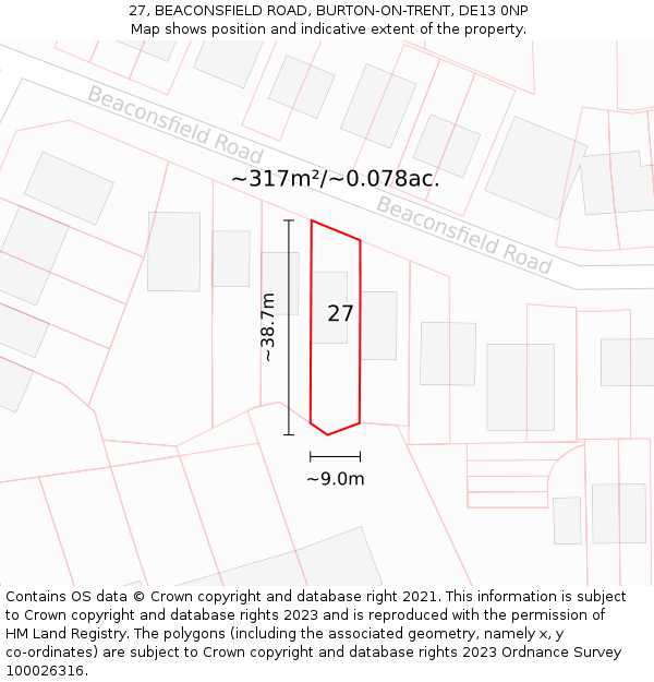 27, BEACONSFIELD ROAD, BURTON-ON-TRENT, DE13 0NP: Plot and title map