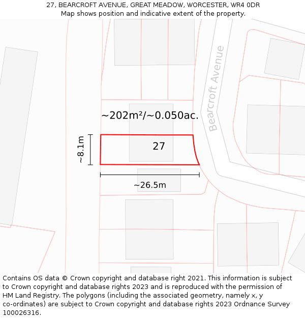 27, BEARCROFT AVENUE, GREAT MEADOW, WORCESTER, WR4 0DR: Plot and title map