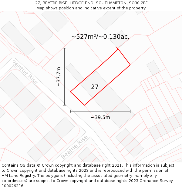 27, BEATTIE RISE, HEDGE END, SOUTHAMPTON, SO30 2RF: Plot and title map
