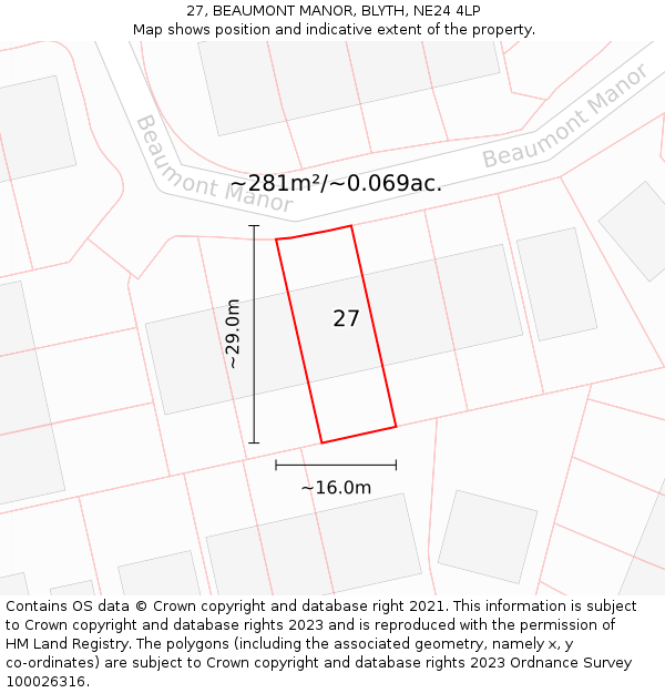 27, BEAUMONT MANOR, BLYTH, NE24 4LP: Plot and title map