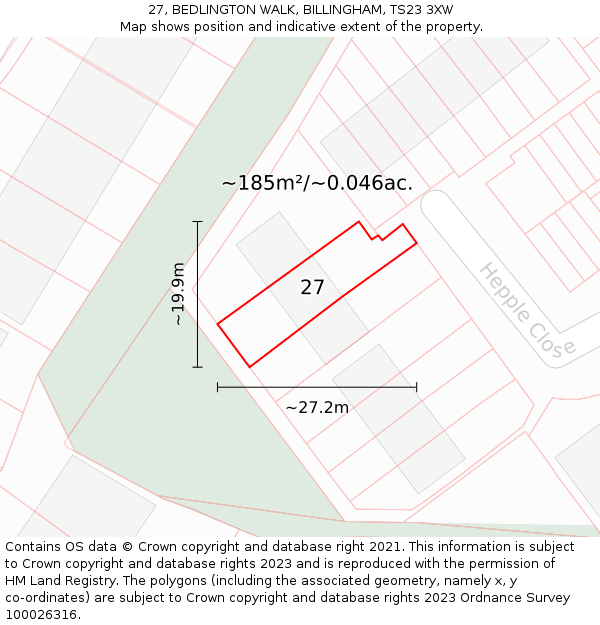 27, BEDLINGTON WALK, BILLINGHAM, TS23 3XW: Plot and title map