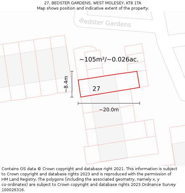 27, BEDSTER GARDENS, WEST MOLESEY, KT8 1TA: Plot and title map