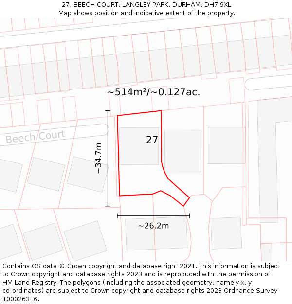 27, BEECH COURT, LANGLEY PARK, DURHAM, DH7 9XL: Plot and title map
